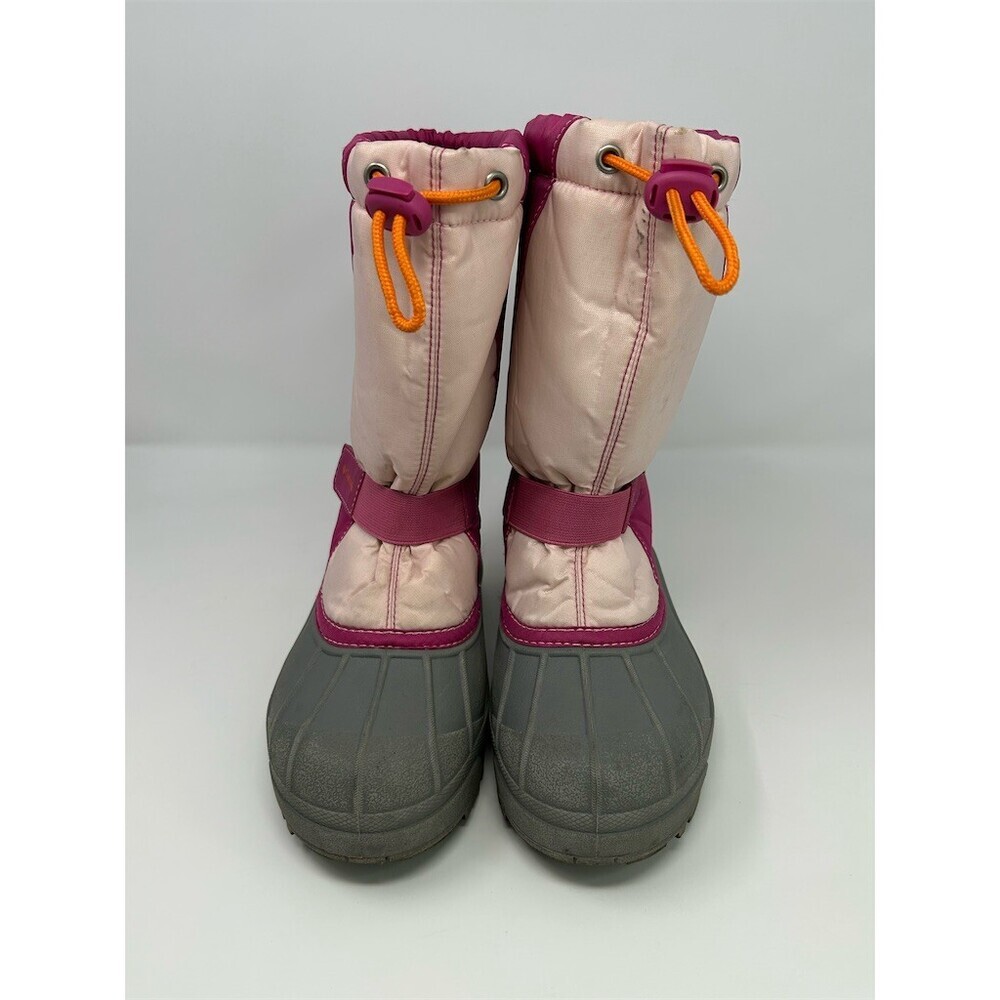 Columbia Powderbug Snowlite Kids Snow Boots Pink Gray Drawcord Strap Size 4 - Picture 4 of 11